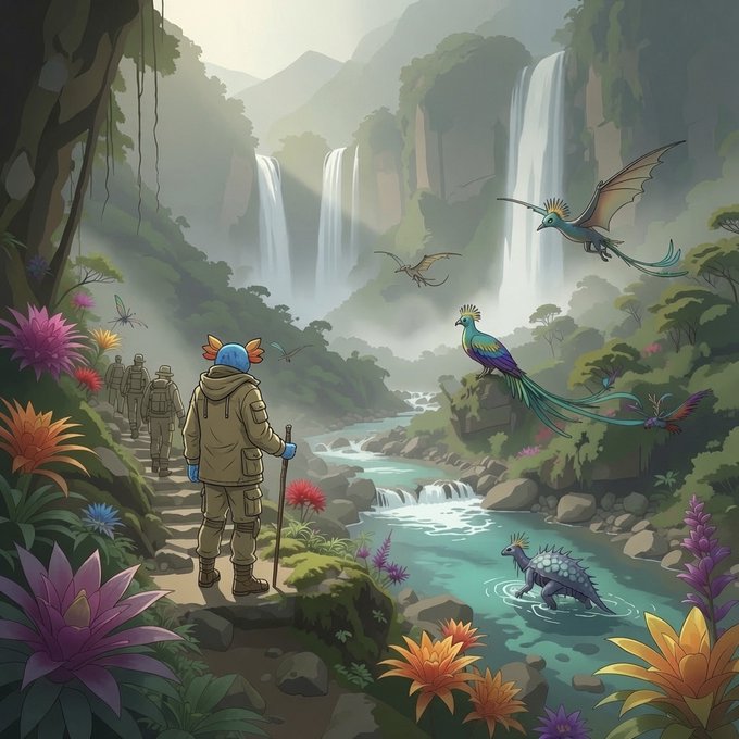 A fantasy illustration of explorers hiking through a lush jungle with waterfalls, encountering colorful bird-like creatures and a dinosaur-like reptile by a stream.
