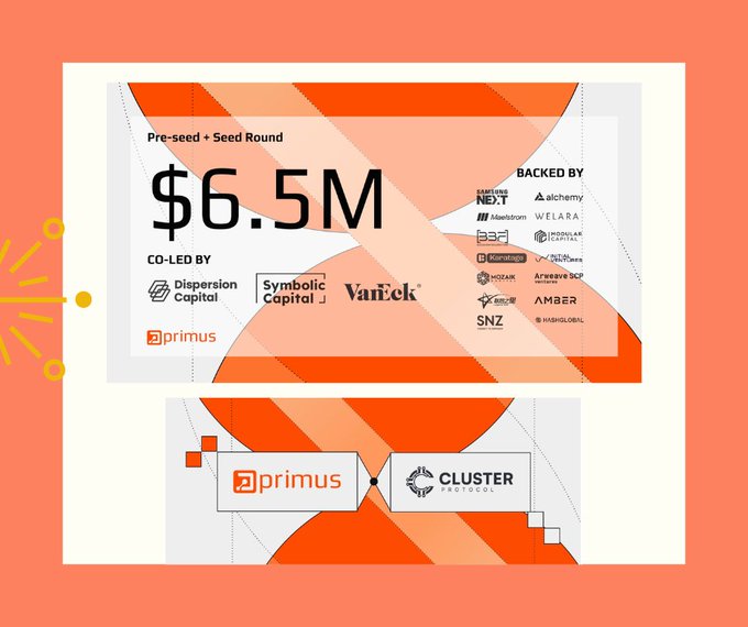 An orange-themed announcement graphic displays Primus raising $6.5M in a Pre-seed + Seed Round, co-led by Dispersion Capital, Symbolic Capital, and Varick, with backing from Samsung NEXT, Alchemy, Mysten Labs, and others, featuring a partnership with Cluster Protocol.

Notably, this image appears unrelated to the accompanying post about Bitcoin price narratives and quantum computing/crypto security concerns—instead, it showcases a specific funding milestone for Primus, which ironically operates in the blockchain privacy/infrastructure space.