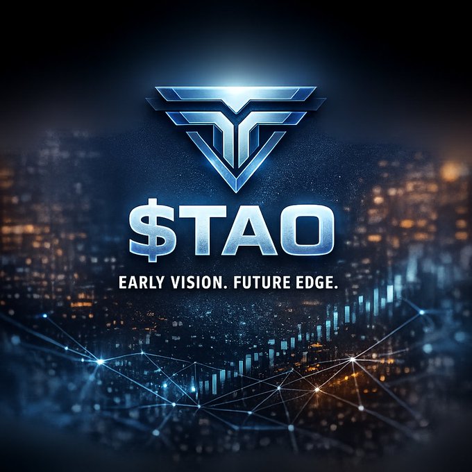 The image features a logo for $TAO, which stands out against a dark blue background with city lights. The text "Early vision, future edge." is displayed below the logo, emphasizing the importance of early detection and preparation in the context of cryptocurrency trading.