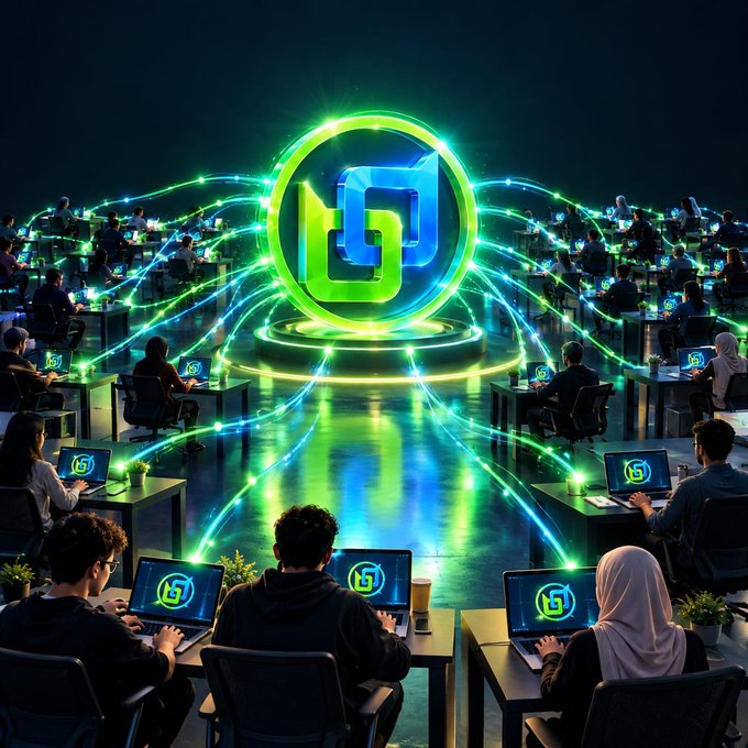 A glowing green circular logo with interlocking shapes hovering above a network of diverse individuals working on laptops, all connected by bright green energy lines in a dark environment.