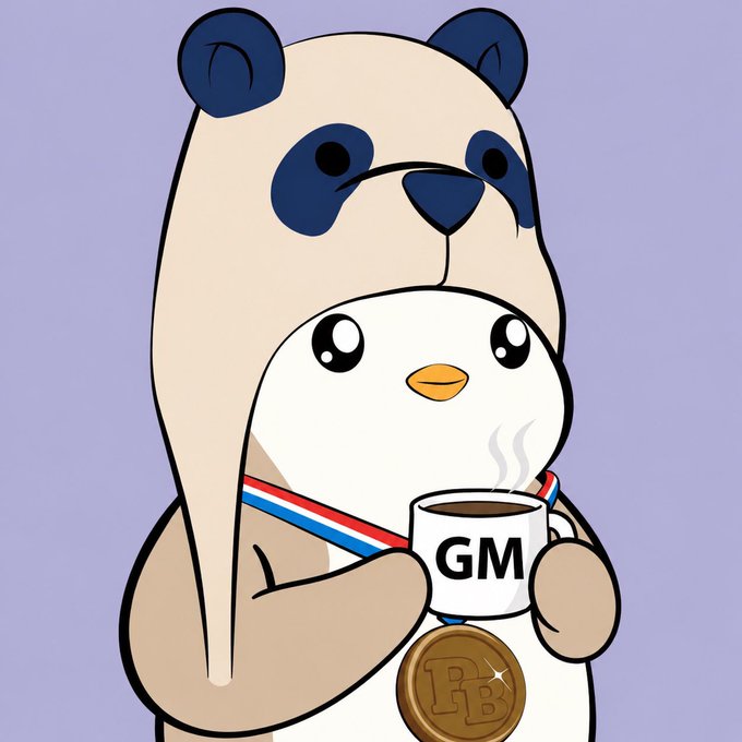 The image features a cartoon penguin wearing a hat, holding a cup of coffee with its beak, and wearing an Olympic medal around its neck. The text "Can I get a Good Mornin?! GM! Happy Sats Legends! What are we creating today!!!" is present in the image as well.