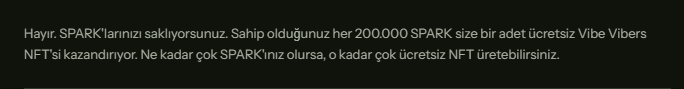 A screenshot of a Turkish-language message from SPARK explaining that for every 200,000 SPARK held, users earn one free Vibe Vibers NFT, with more SPARK yielding more free NFTs.