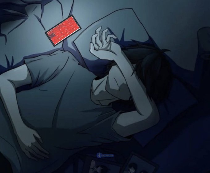 An anime-style illustration of a person sleeping in bed with their phone glowing red on the pillow beside them, casting a red light on the pillow.