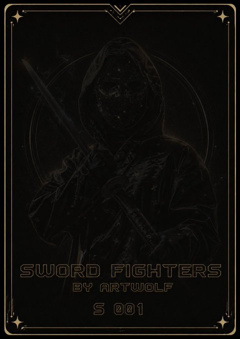 A dark, ornate trading card-style artwork featuring a hooded swordsman rendered in subtle gold outlines, with the text "SWORD FIGHTERS BY ARTWOLF S 001" at the bottom—aligning with the post's promotion of an S001 Sword Fighters art card collectible on the BCH blockchain.