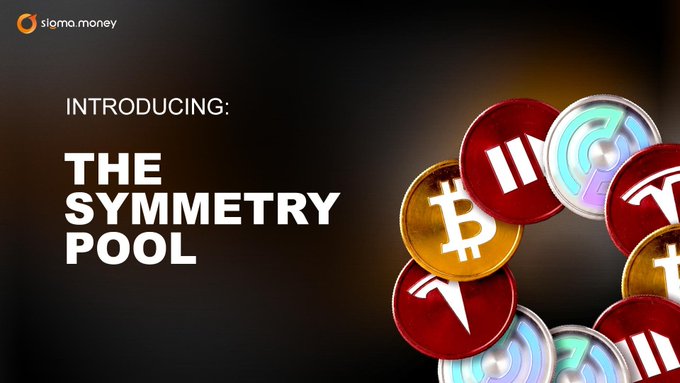 A promotional graphic for Sigma Money introducing "The Symmetry Pool" featuring various cryptocurrency coins including Bitcoin, and tokens labeled II, T, and C.