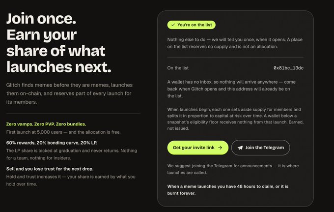 A promotional screenshot for Glitch, a meme-launching platform, displaying its dark-themed landing page with a call to "Join once. Earn your share of what launches next." The page highlights key terms like "Zero vamps. Zero PVP. Zero bundles," a "60% rewards, 20% bonding curve, 20% LP" structure, and shows a user successfully added to the list with wallet address "0x81bc...13dc," aligning with the post's directive to join via joinglitch.io.