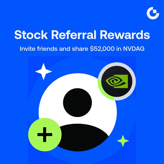 A blue promotional graphic for Gate.io's "Stock Referral Rewards" program, featuring a stylized user icon with the NVIDIA logo and a plus symbol, advertising a shared $52,000 NVDAG prize pool for inviting friends to try stock trading. The post complements the image by explaining that participants can earn up to $15 in NVDAG when their referred friends meet trading milestones, with a $100 registration bonus available.