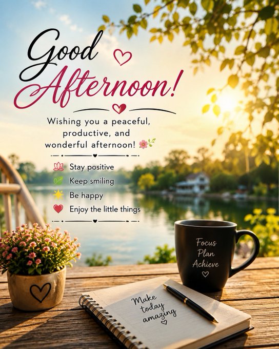 A motivational 'Good Afternoon!' graphic with positive messages like 'Stay positive', 'Keep smiling', 'Be happy', and 'Enjoy the little things' set against a scenic background with a coffee mug labeled 'Focus Plan Achieve' and a notebook saying 'Make today amazing'.