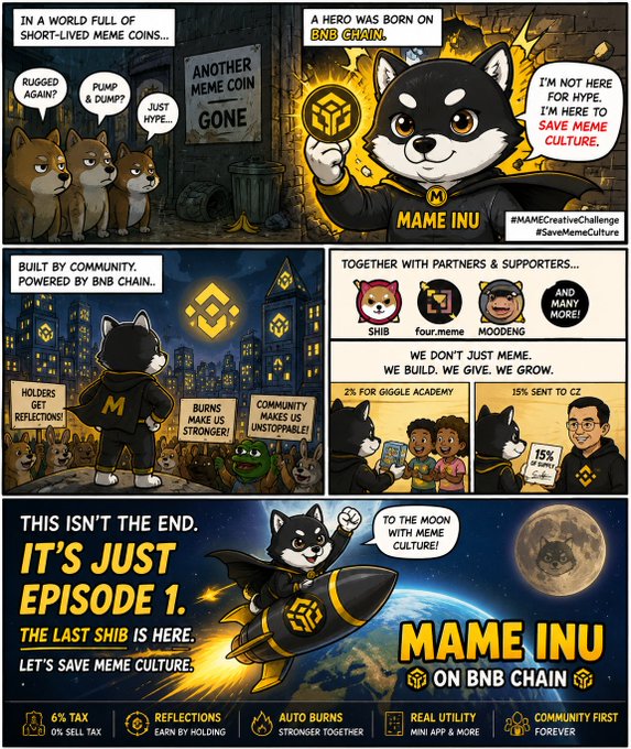 A promotional comic-style graphic for 'MAME INU ON BNB CHAIN' featuring a Shiba Inu mascot, describing a save meme culture initiative with features like 6% tax, reflections, and auto burns.