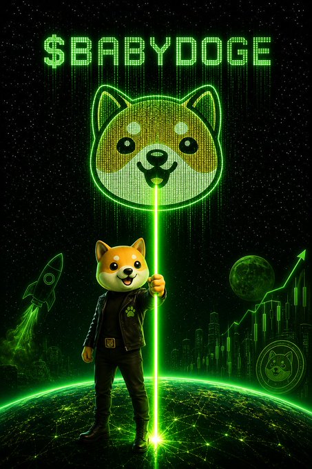 A digital artwork featuring a Shiba Inu character in a black leather jacket standing on a planet, holding a green laser pointing to a large Doge face. The text '$BABYDOGE' is displayed at the top in green neon letters, with a rocket and cityscape in the background.