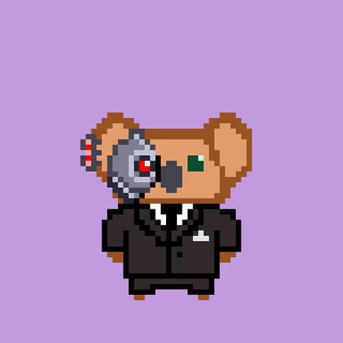 A pixel art character depicting a koala in a black business suit with a red mechanical eye attachment on a purple background.