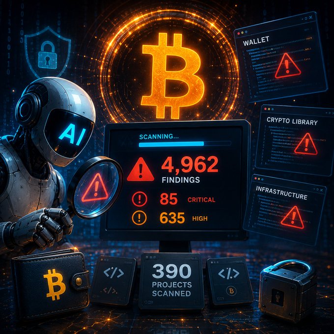 AI-themed digital illustration showing a robot examining a Bitcoin symbol while a monitor displays security scan results with 4,962 findings, 85 critical, and 635 high-risk alerts across 390 projects scanned.