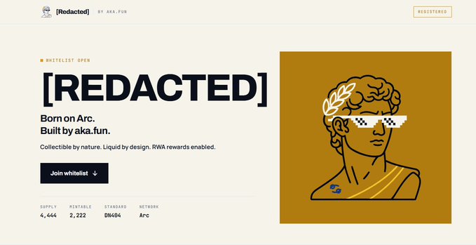 A webpage for an NFT collection titled '[REDACTED] Born on Arc. Built by aka.fun.' featuring a gold and black illustration of a figure with pixelated sunglasses and a laurel wreath, showing a whitelist open with supply of 4,444.