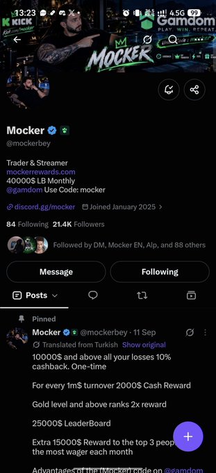 A Twitter/X profile screenshot for 'Mocker' (@mockerbey), a Trader & Streamer with a Gamdom affiliate code, promoting a 10% cashback and 25000$ LeaderBoard reward.