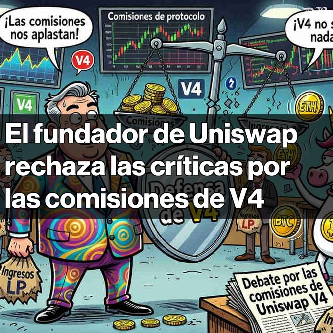 A cartoon image with Spanish text reading 'El fundador de Uniswap rechaza las críticas por las comisiones de V4', depicting a colorful character holding a shield and a money bag labeled 'Ingresos LP' amidst charts and crypto coins.