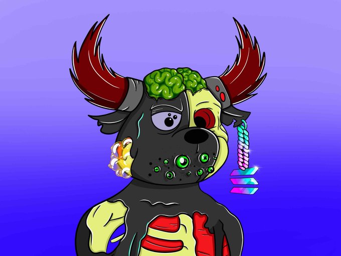 A cartoon illustration of a zombie-like dog character with red horns, exposed brains, a red eye, and green ooze bubbles on its face, set against a purple background.