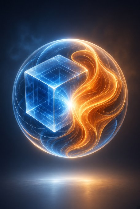 A digital artwork shows a glowing sphere split between cool blue energy containing a wireframe cube and warm orange fire-like wisps, hovering over a reflective surface.