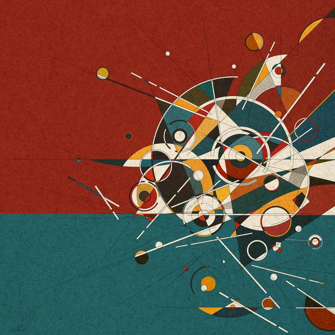 An abstract geometric artwork divided into red and teal sections, featuring a chaotic central cluster of circles, triangles, and intersecting white lines.