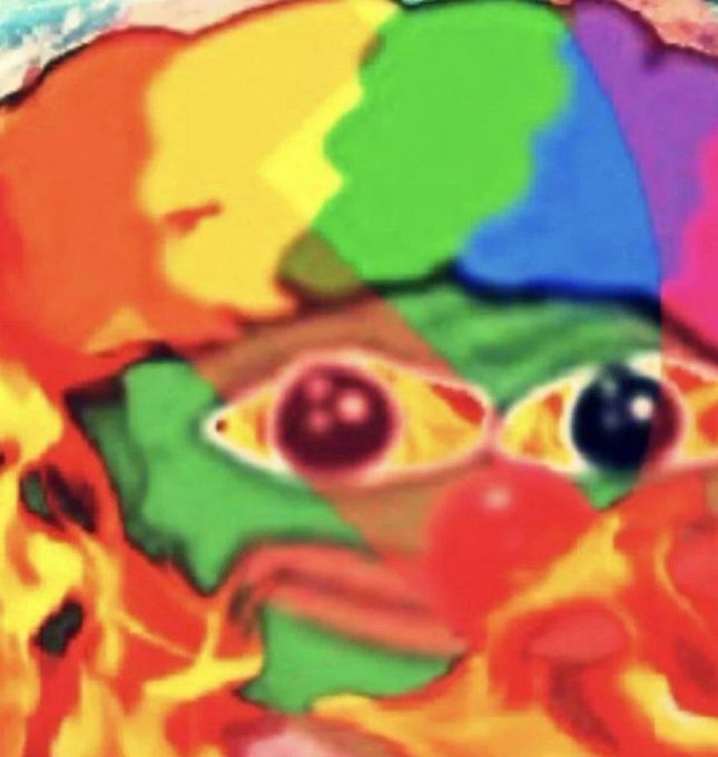 A surreal, colorful, and distorted digital image featuring a pair of eyes overlaid on a background of blended rainbow colors.