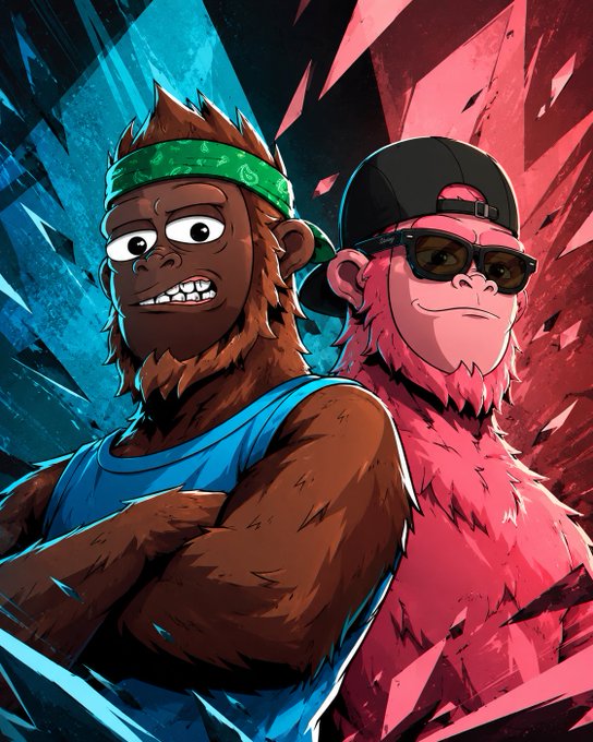 Stylized illustration of two anthropomorphic monkeys, one brown with a green bandana and one pink with sunglasses, standing back-to-back.