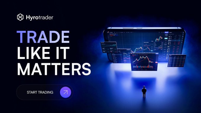 An advertisement for 'Hyrotrader' featuring the tagline 'TRADE LIKE IT MATTERS', a 'START TRADING' button, and a small figure looking up at glowing screens displaying financial charts.