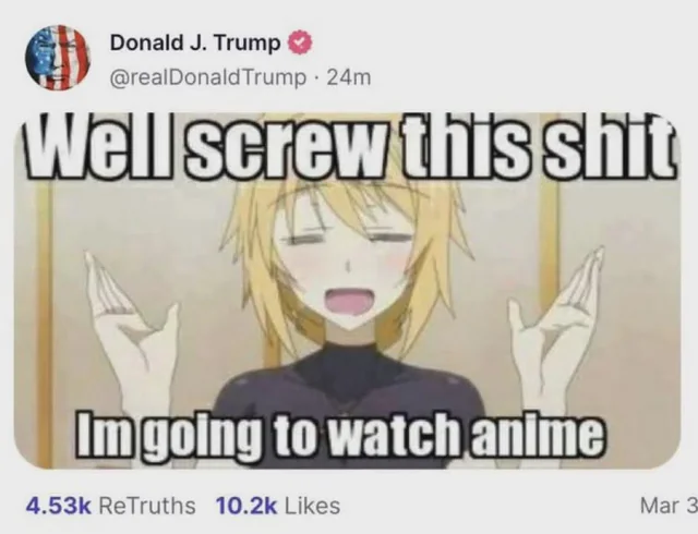 A screenshot of a Donald J. Trump (@realDonaldTrump) tweet from March 3 shows an anime meme captioned "Well screw this shit / I'm going to watch anime," which humorously illustrates frustration at the cryptocurrency market's brief 3-hour dip.