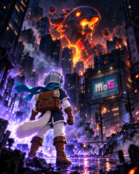 An anime-style illustration depicts a cat-eared adventurer with a backpack facing a giant fiery monster looming over a burning cityscape, with an "MoG" logo on a building.