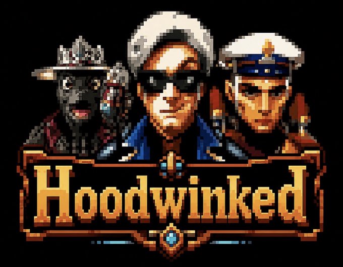 This image displays the pixel art logo for "Hoodwinked," featuring three characters above the title in a stylized frame. The retro video game aesthetic complements the celebratory NFT mint-out announcement, suggesting a gaming-themed digital collection ready for its reveal.