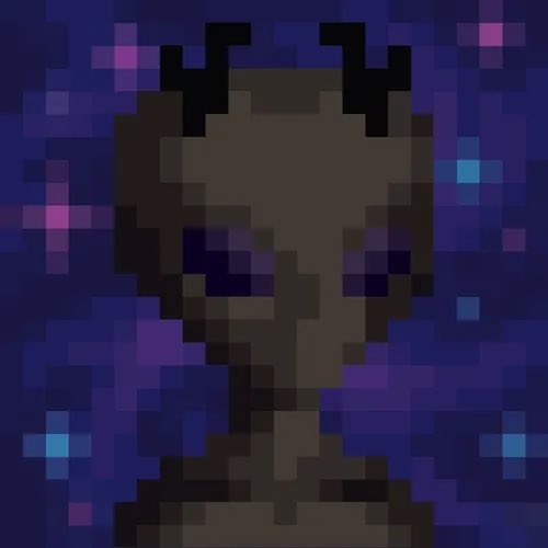 A pixel art portrait of a shadowy figure with hollow eyes, set against a vibrant purple and blue mosaic background.