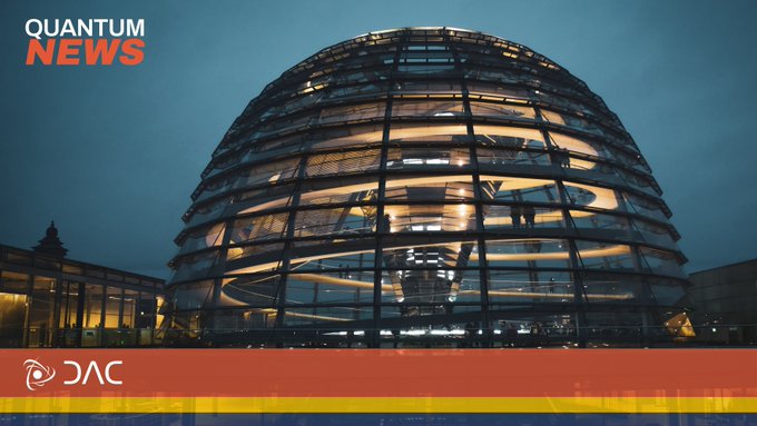 A photograph of the illuminated dome of the Reichstag building in Berlin at dusk, overlaid with 'QUANTUM NEWS' text and the DAC logo.