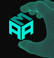 A teal digital wireframe hand holding a 3D cube displaying the letters "MAP" - a logo for Manhattan Alternative Project.