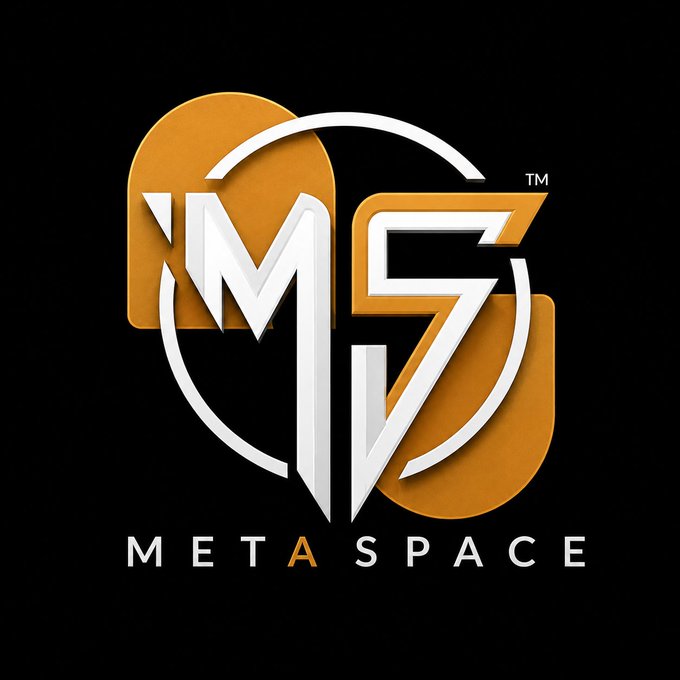 A logo featuring stylized white 'M7' letters with 'META SPACE' text and a trademark symbol on a black background, accented with gold shapes.