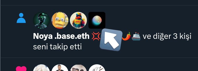A dark-themed social media notification shows "Noya .base.eth" along with three others began following you, with the cursor highlighting the notification in the activity section. The image relates to the post as it displays a new follower notification, suggesting that Noya, an account associated with Solana's World project, has started following the user.