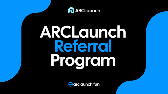 A promotional graphic for the ARCLaunch Referral Program on a black background with blue accents, featuring the ARCLaunch logo and the URL arclaunch.fun. The image ties into the post's $10 giveaway by promoting ARCLaunch's referral program as a potential way for users to earn rewards through engagement.