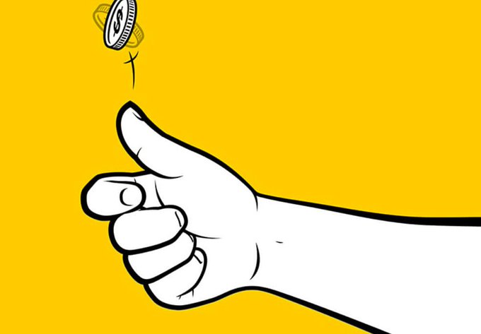 A cartoon hand flicks a spinning coin into the air against a yellow background, visually representing the "Flip" concept central to the Flipcoin promotion. The flipping coin motion directly mirrors the post's invitation to "FLIP it" with the @flipcoingg token.