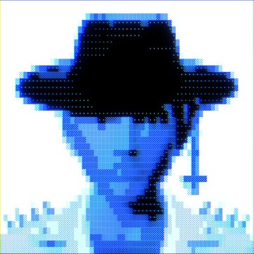 A pixel art style image of a person wearing a wide-brimmed black hat, rendered in bold blue and black tones.