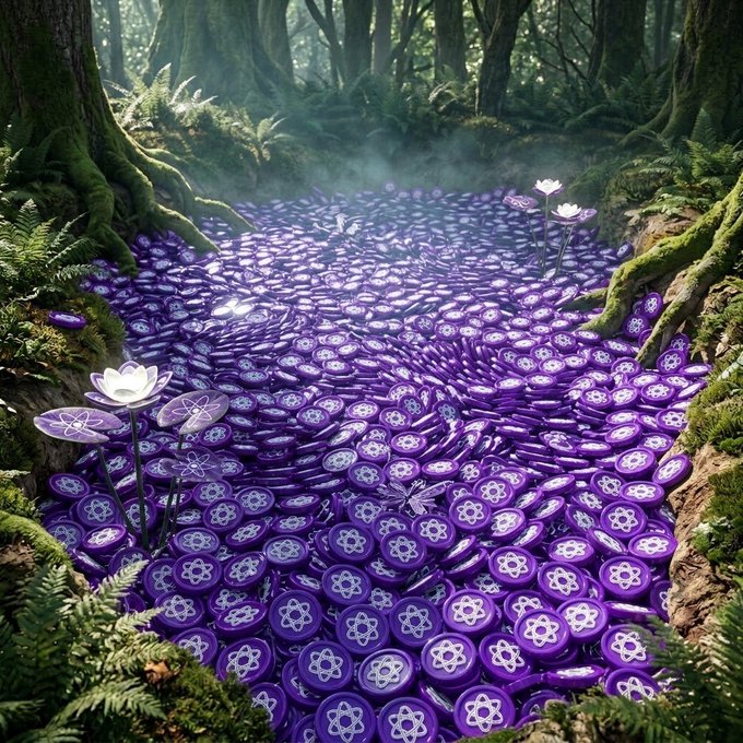 A fantasy scene depicting a forest stream or pool completely filled with purple tokens bearing the Polkadot blockchain logo, surrounded by mossy tree roots and ferns with white lotus-like flowers emerging from the tokens.
