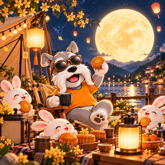 A cheerful Schnauzer wearing sunglasses relaxes under a glowing full moon with mooncakes, surrounded by joyful rabbits at a lantern-lit lakeside celebration.

The image captures the warm, communal spirit of the post's Mid-Autumn Festival greetings from the Omega community, with the dog as a playful mascot enjoying mooncakes and lanterns under the iconic full moon—symbolizing togetherness and shared joy.