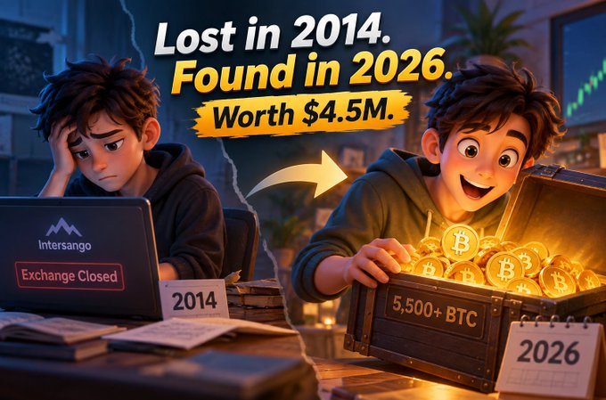 A promotional graphic featuring an animated-style character, contrasting a sad scene in 2014 with 'Exchange Closed' to a happy scene in 2026 holding a treasure chest of 5,500+ BTC, with text reading 'Lost in 2014. Found in 2026. Worth $4.5M.'
