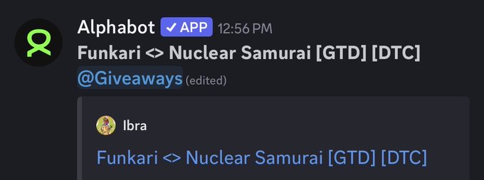 The image shows a screenshot of a message conversation between two people, one from Twitter named @nuclearsamurai, and another person from a blog site named Libra. They are discussing an upcoming event related to the #FunkariNft app that is scheduled for release on December 1st at 12:56 pm (12:56 pm). The message also includes a gif of someone in a funny pose with a knife.