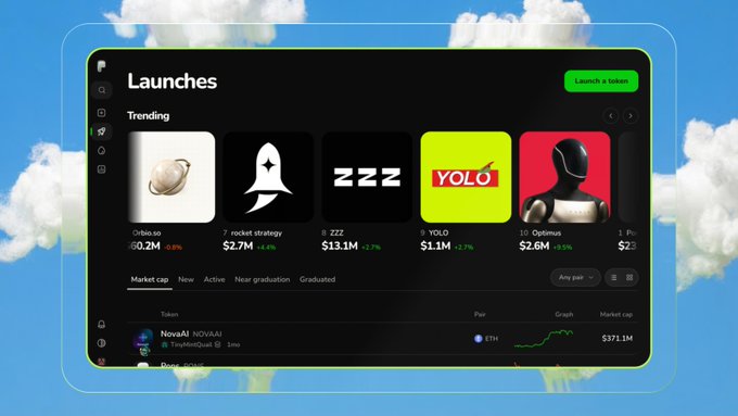 A screenshot of a 'Launches' token platform shows trending memecoins including Orbita.io, rocket strategy ($2.7M), ZZZ ($13.1M), YOLO ($1.1M), and Optimus ($2.6M), with NovaAI listed below.