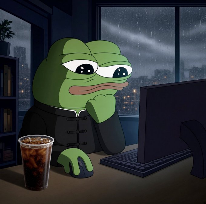 An illustration of a sad Pepe the Frog character in a black traditional Chinese outfit sitting at a computer with iced coffee, looking out a rainy window at a city skyline.