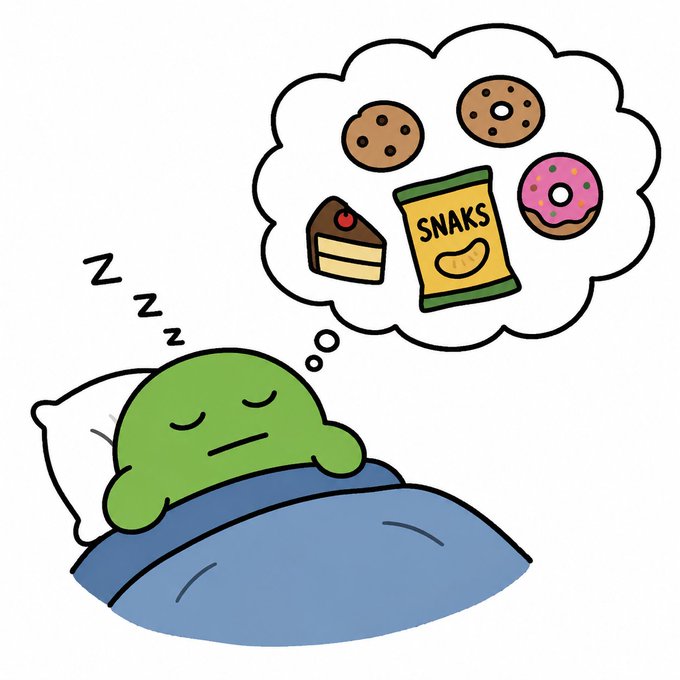 A cartoon illustration of a green blob character sleeping in a blue bed, dreaming of snacks including cookies, a donut, cake, and a bag labeled "SNAKS".