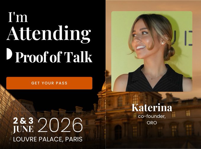 The image features a poster for an event called "Proof of Talk" at Paris'oise Palace. The poster includes a photo of a woman smiling next to a building, which serves as the backdrop for the event's title. The text on the poster invites attendees to "Get your pass", indicating that there is a registration process involved in attending the Proof of Talk. The image also contains the names of some speakers at the event, including "Katerina" and "Oracle".