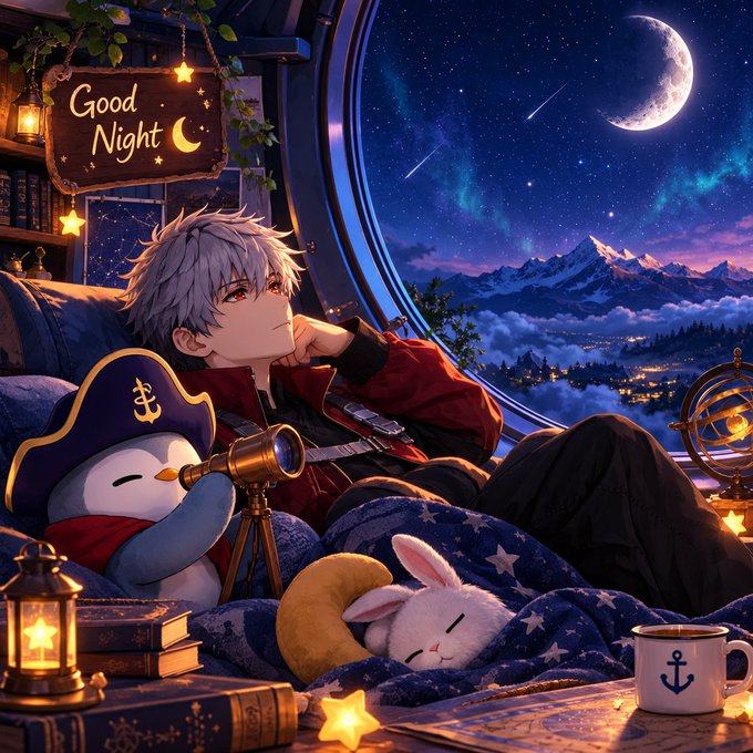 An anime-style illustration of a white-haired character looking out a large window at a starry night sky with a crescent moon and snowy mountains, accompanied by plush toys, a telescope, books, and a 'Good Night' sign.