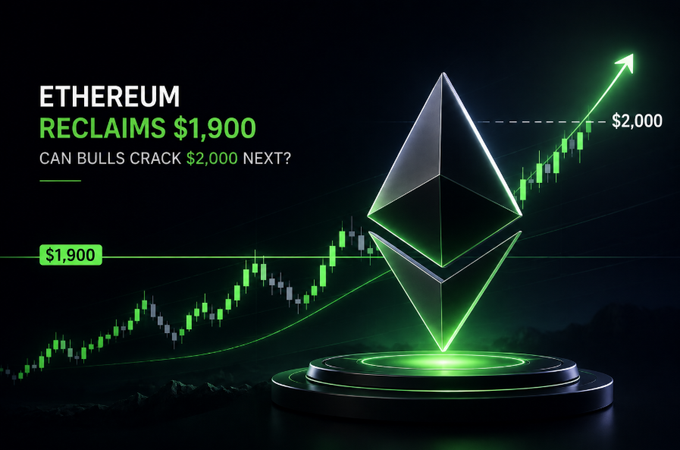 A promotional graphic features a glowing Ethereum diamond logo set against a candlestick chart trending upward, highlighting the text "ETHEREUM RECLAIMS $1,900 — CAN BULLS CRACK $2,000 NEXT?" with price markers at $1,900 and $2,000. The image visually reinforces the post's message about Ethereum's bullish momentum and its challenge to break through the $2,000 resistance zone.