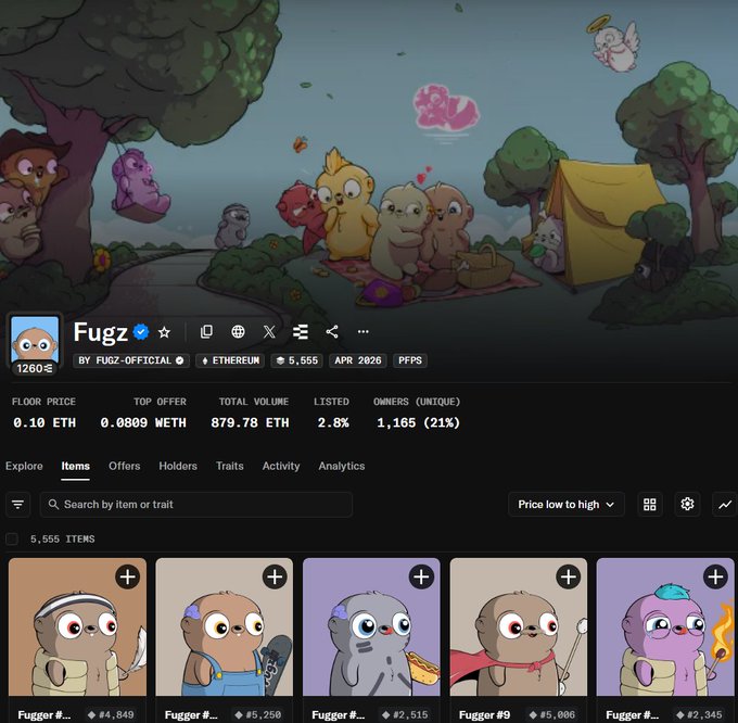 An NFT marketplace page for the Fugz collection on Ethereum, showing 5,555 items with cartoon bird NFT illustrations and floor price of 0.10 ETH.
