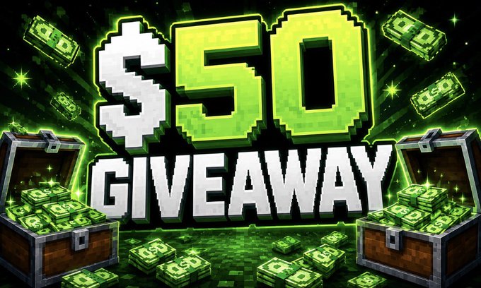 The image is a pixel-art style "$50 GIVEAWAY" promotional graphic featuring green-themed treasure chests overflowing with cash and stacks of money, visually reinforcing the post's call-to-action to follow, drop a Solana wallet, and repost for a chance to win $50 in SOL within 48 hours.