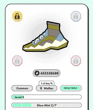 A StepN-style move-to-earn app screen displaying a Common sneaker NFT at Level 5, classified as a Walker (1-6 km/h).
