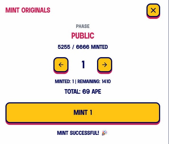 xtremely successful Mint Originals game interface, displaying a progress bar and game score of 52555/6668Minted and 1 remaining, with a total score of 69 ape.